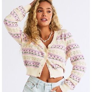 RSQ Sz XL cropped Sweater Cardigan Pointelle Crochet Floral Scallop Cottagecore